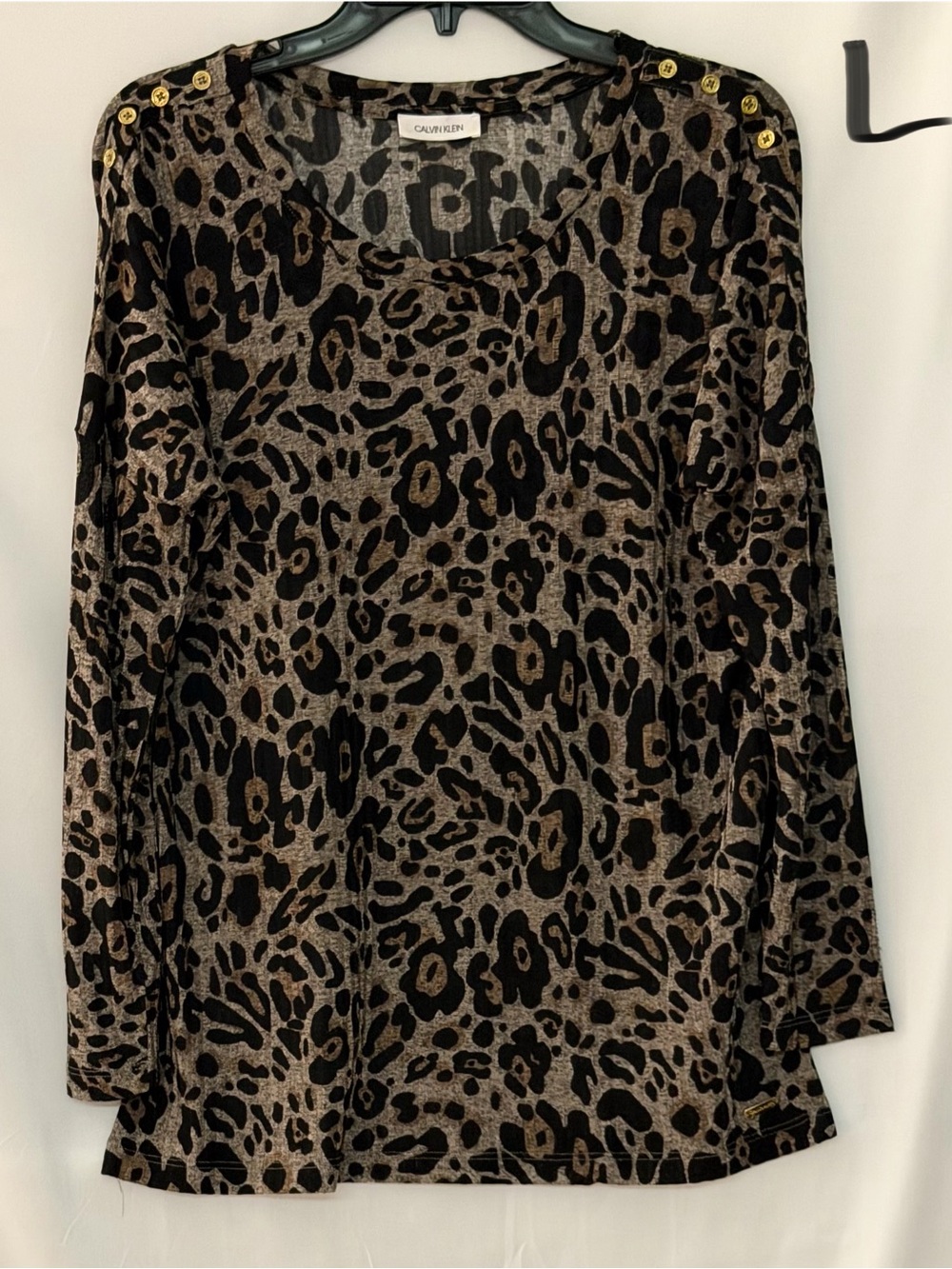 Calvin Klein Black and Brown Leopard-Print Long Sleeve Top with Gold Buttons